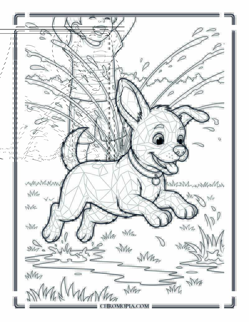 Puppy Jumping Through Backyard Sprinkler Coloring Page