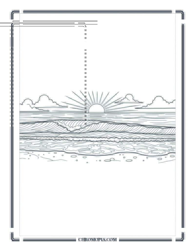 Calm Ocean Beach At Golden Sunset Coloring Page