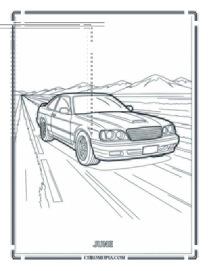 Car Driving On Open Road Toward Mountains Coloring Page
