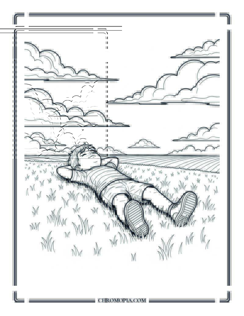 Child Cloud Gazing On Summer Grass Coloring Page