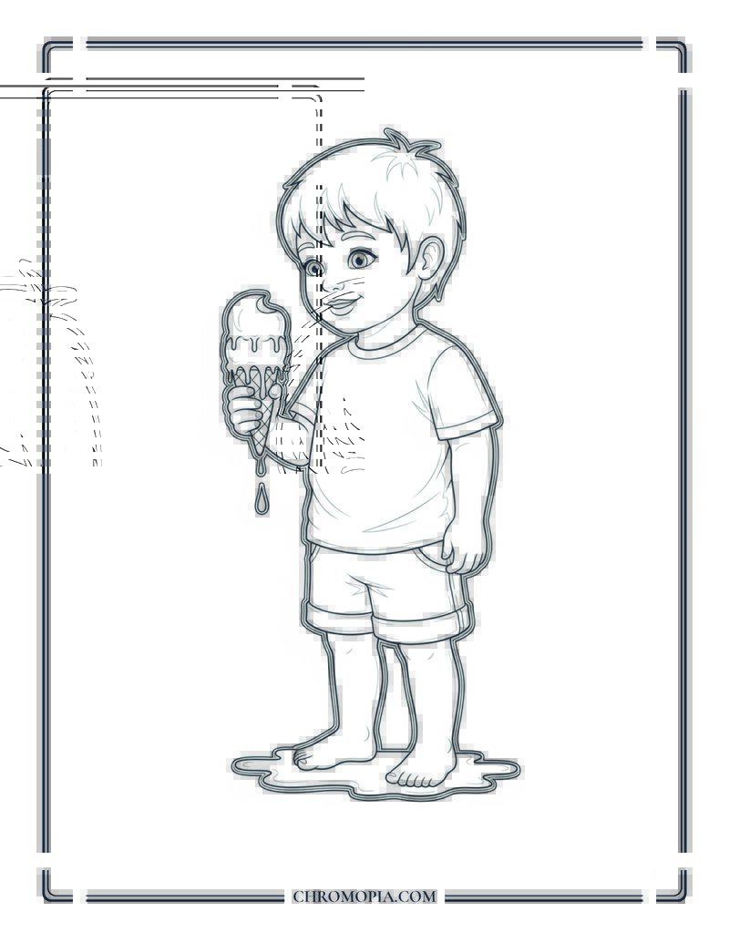 Child Holding Dripping Ice Cream Cone Coloring Page
