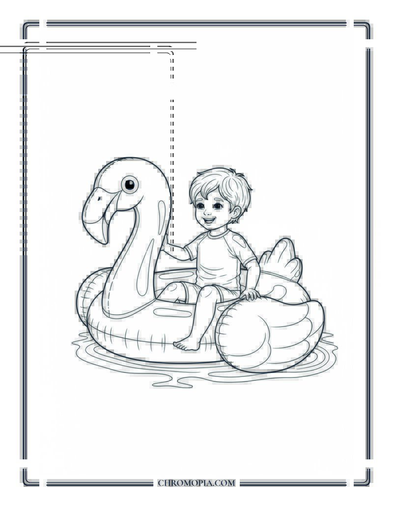 Child On Giant Flamingo Pool Float Coloring Page