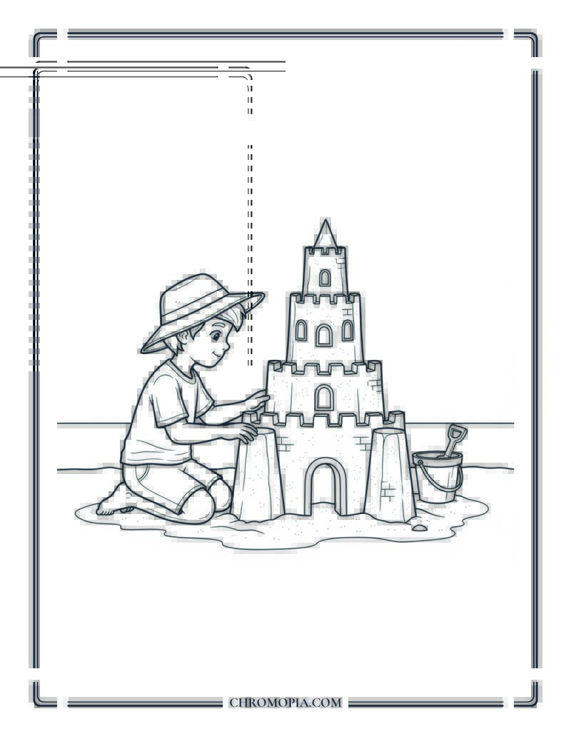 Kid Building Sandcastle At Beach Coloring Page