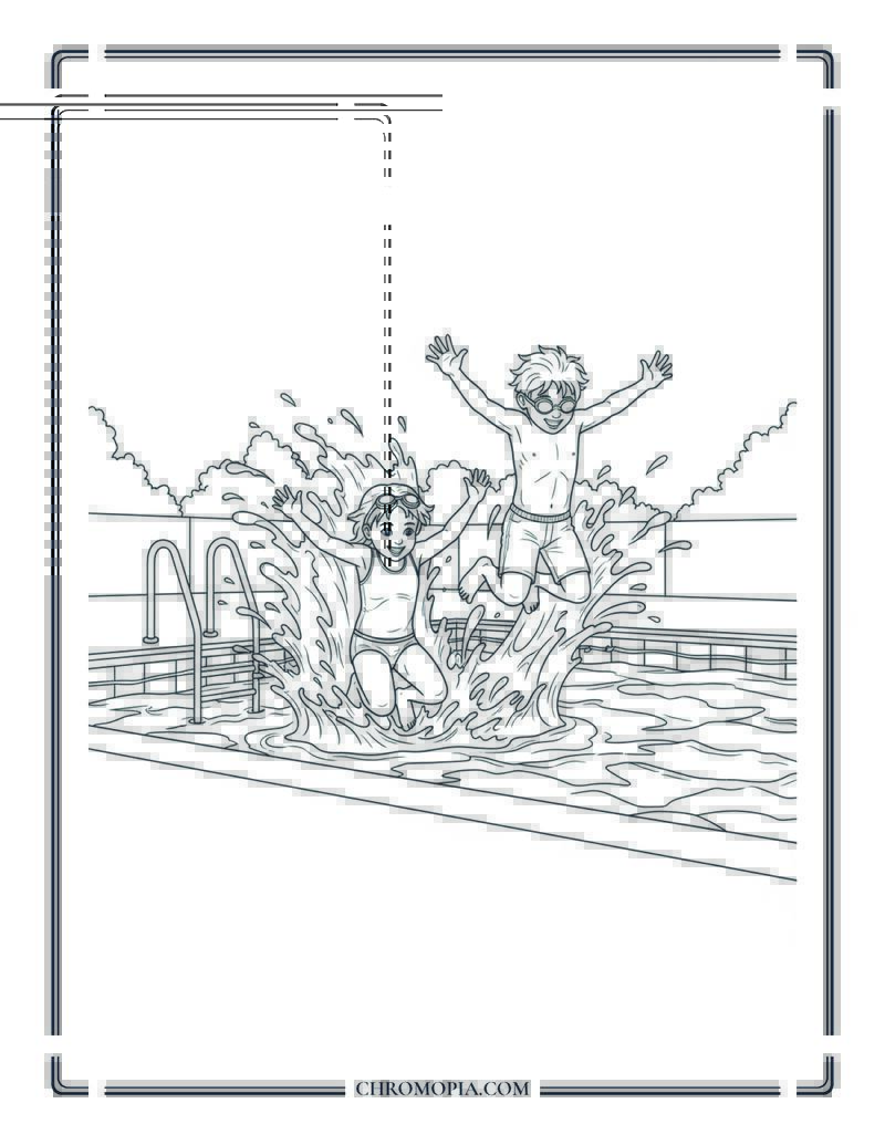 Kids Jumping Into Swimming Pool Coloring Page