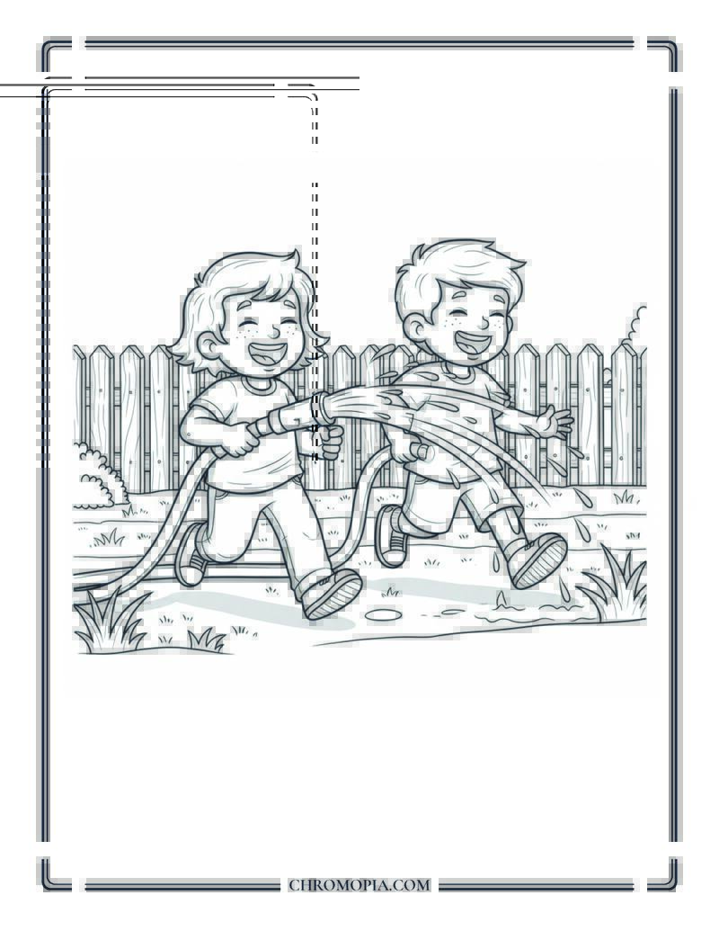 Kids Playing With Garden Hose In Backyard Coloring Page