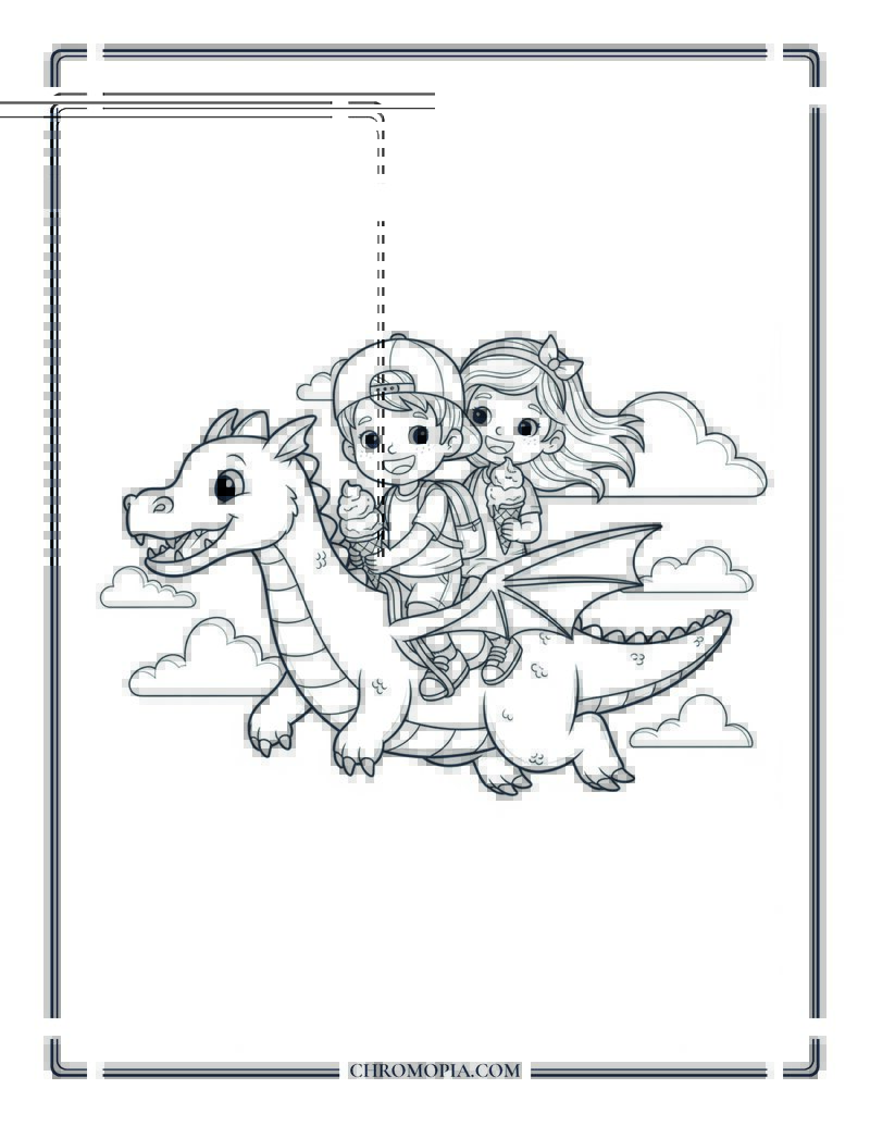 Kids Riding Fluffy Dragon With Ice Cream Cones Coloring Page