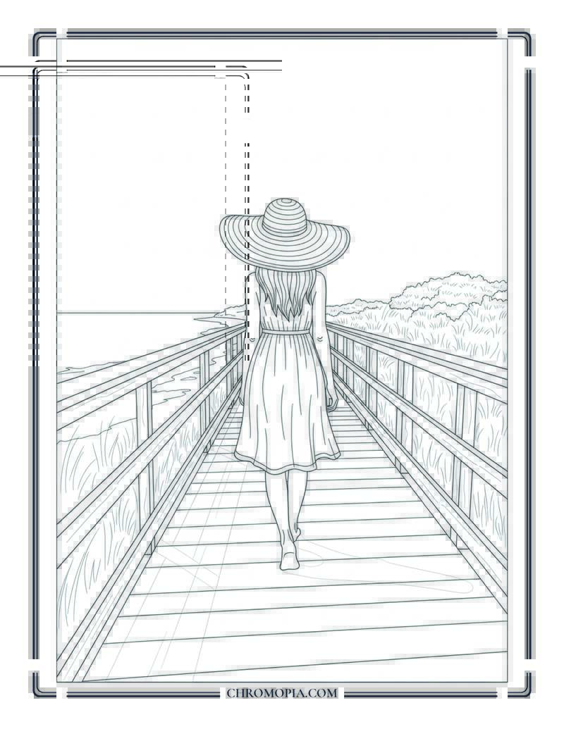 Girl In Sun Hat Strolling Beach Boardwalk Coloring Page