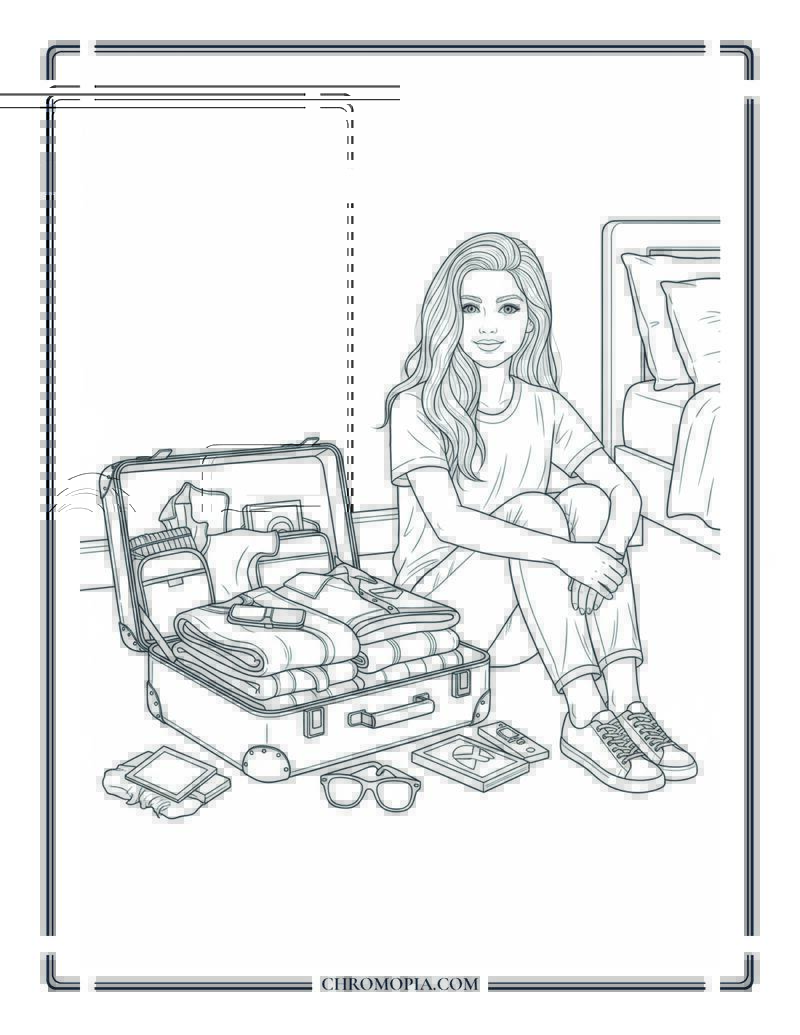 Teen Packing Summer Vacation Suitcase Coloring Page