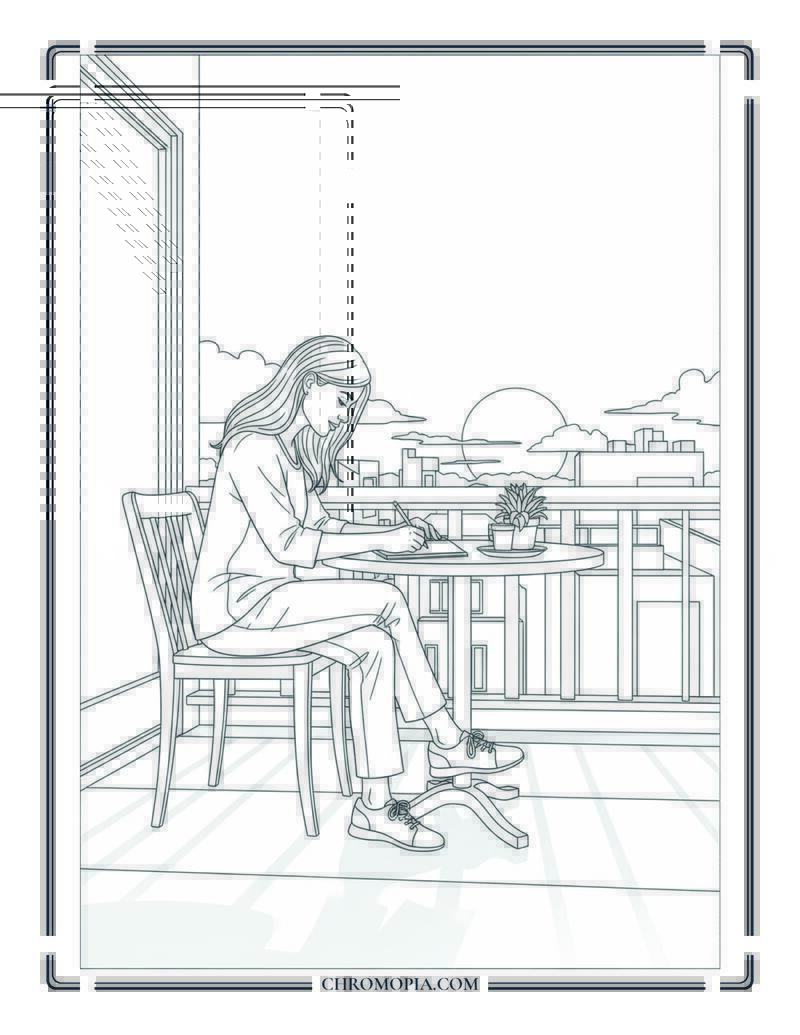 Woman Writing In Journal At Sunset Balcony Coloring Page