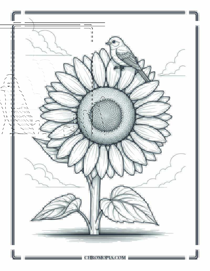 Bird Perched On Tall Sunflower Coloring Page