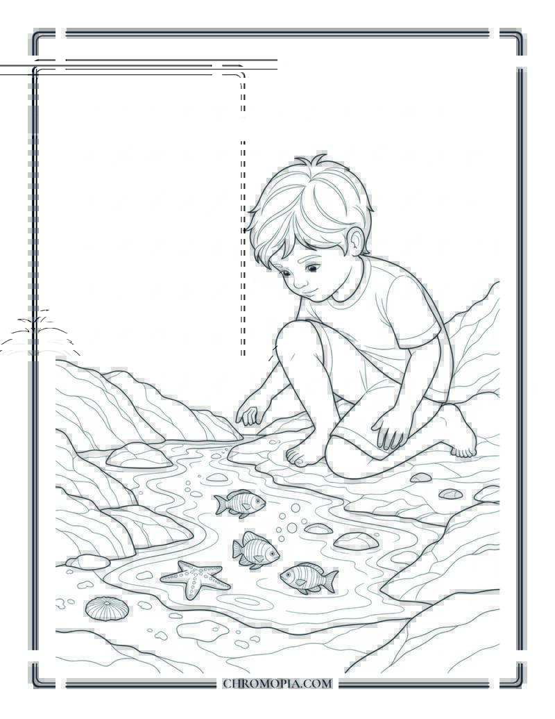 Child Discovering Tide Pool Sea Life Coloring Page