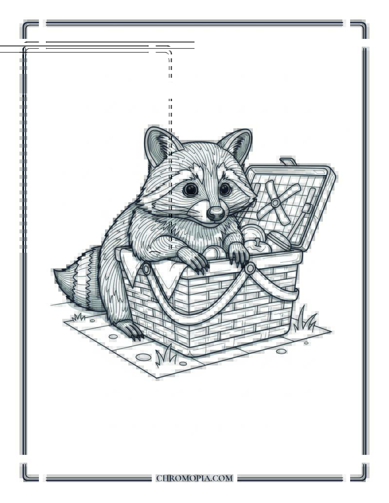 Curious Raccoon Raiding Picnic Basket Coloring Page