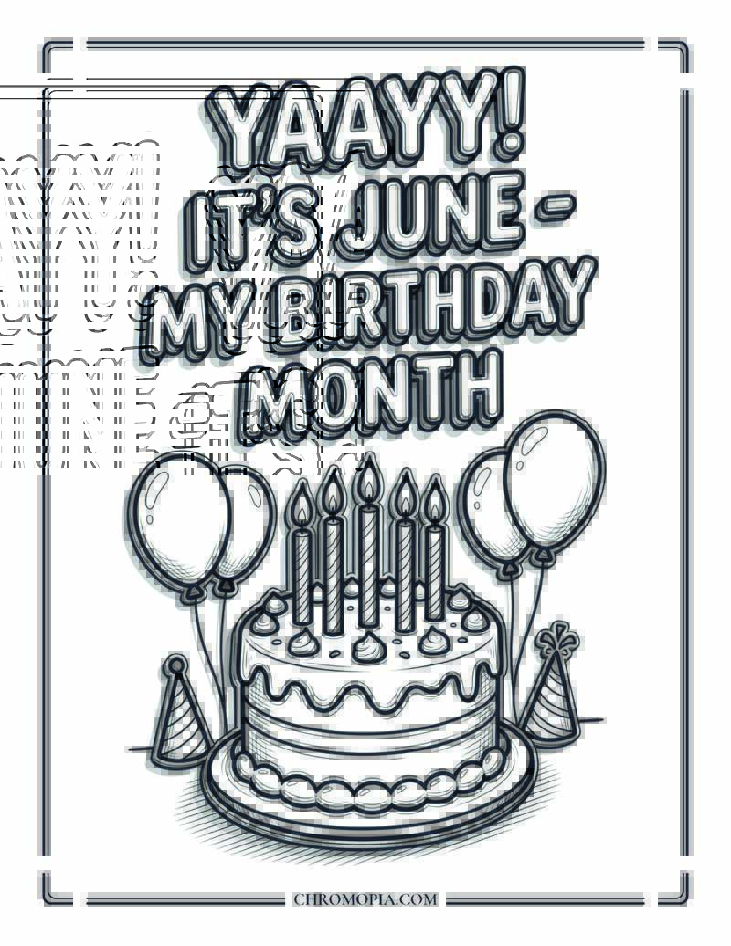 June Birthday Cake And Balloons Coloring Page