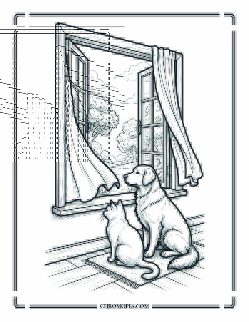 Open Window With Cat And Dog In Summer Breeze Coloring Page