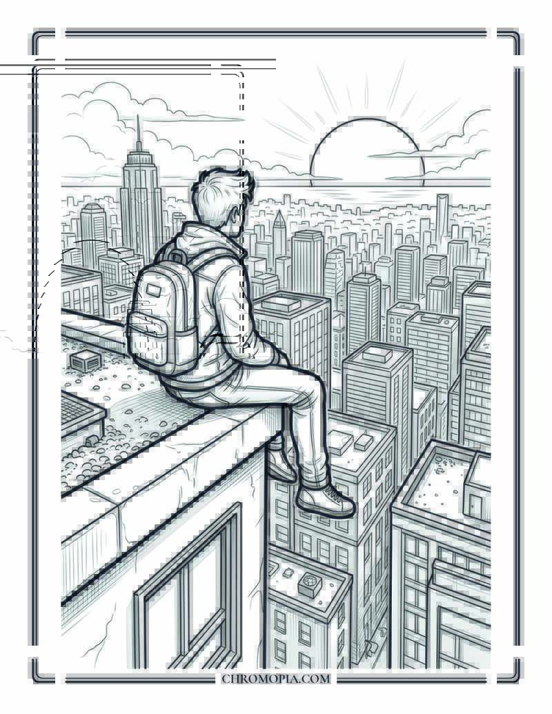 Person Sitting On Rooftop Edge At Sunset Coloring Page