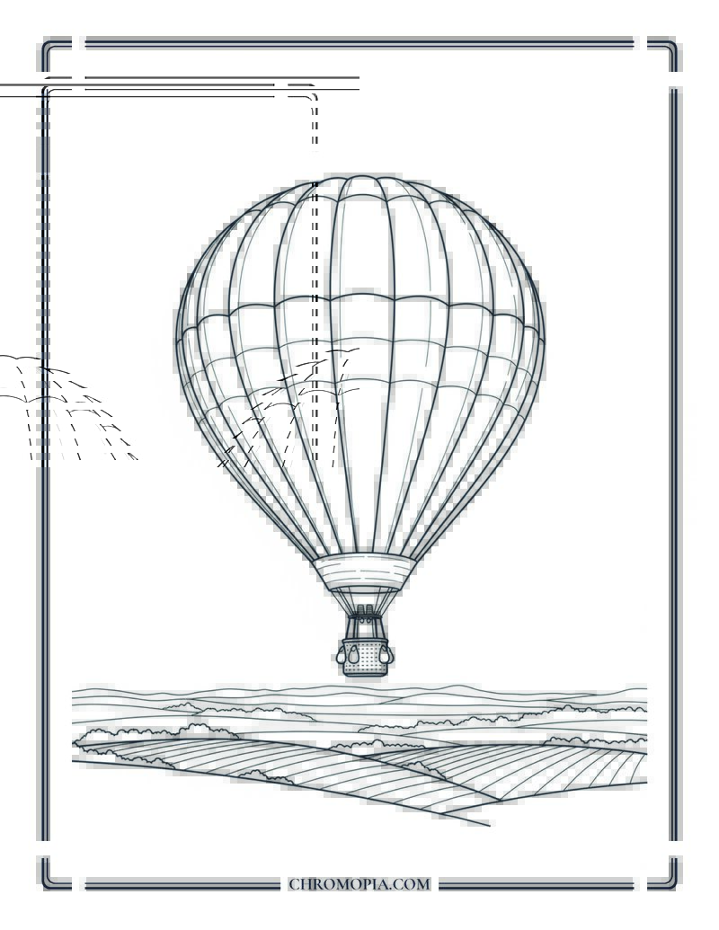 Hot Air Balloon Floating Over Green Fields Coloring Page