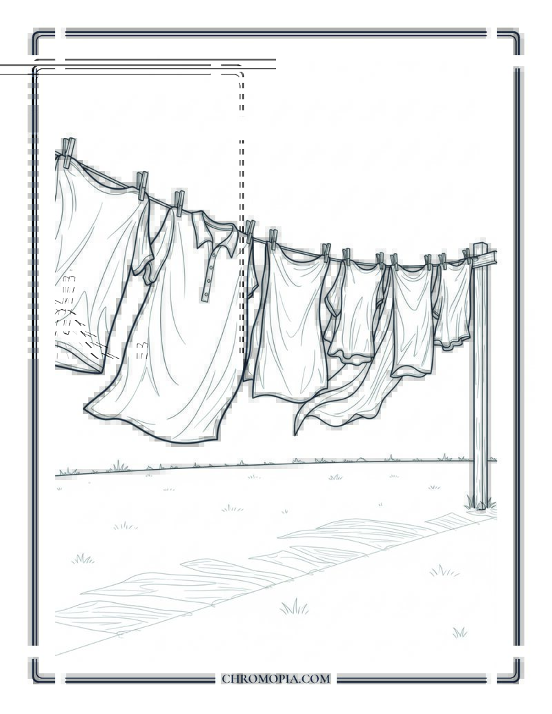 Laundry Line Blowing In Spring Breeze Coloring Page