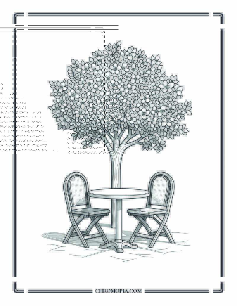 Outdoor Café Table Under Blooming Tree Coloring Page