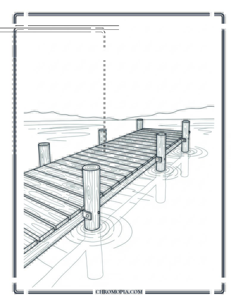 Wooden Dock Extending Into Calm Lake Coloring Page