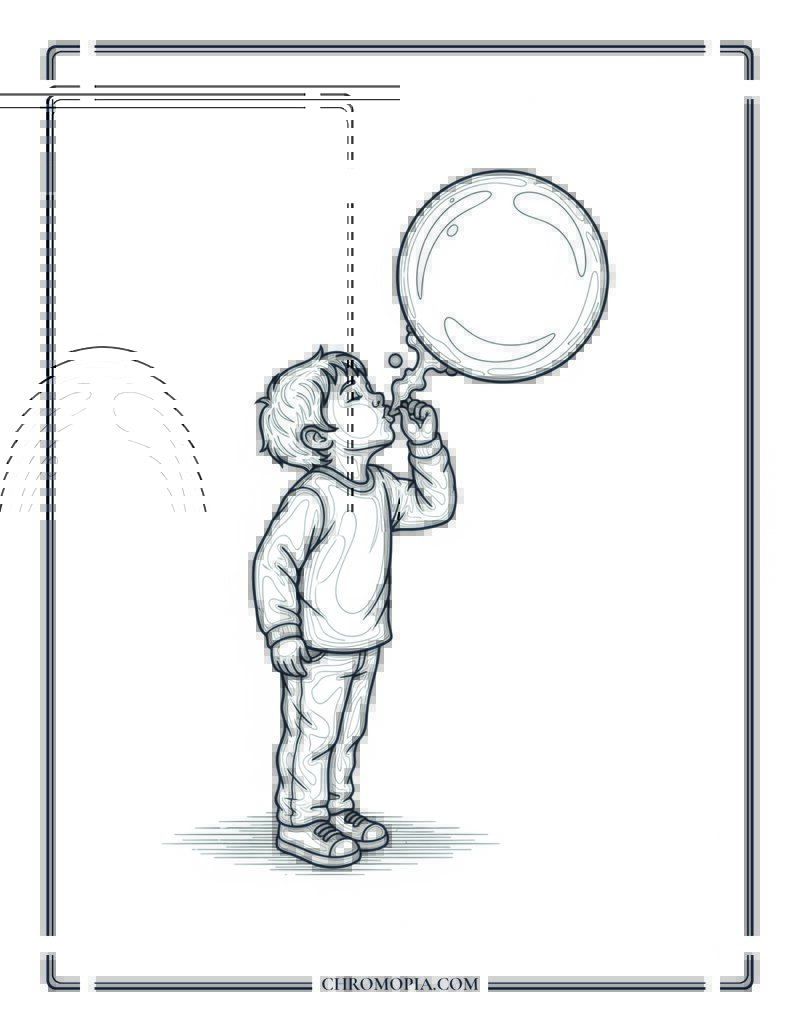 Child Blowing Giant Soap Bubble Coloring Page