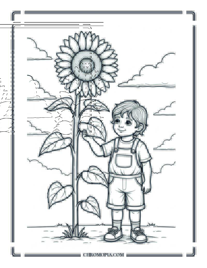 Giant Sunflower Beside Smiling Child Coloring Page