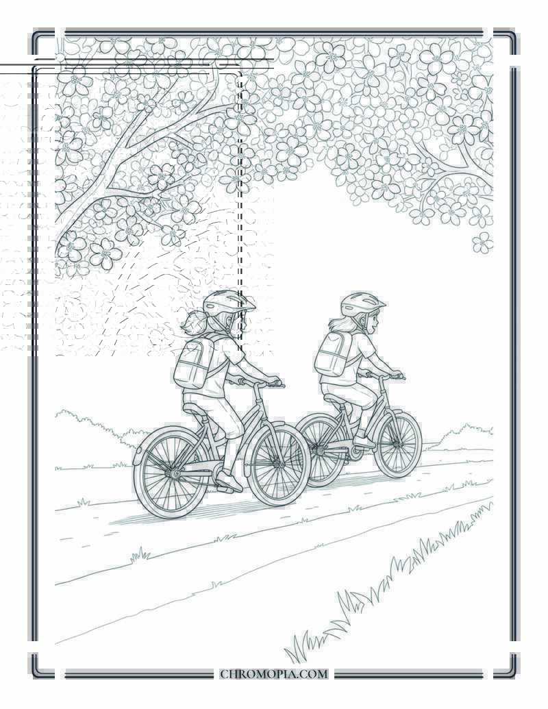 Kids Riding Bicycles Under Blooming Trees Coloring Page