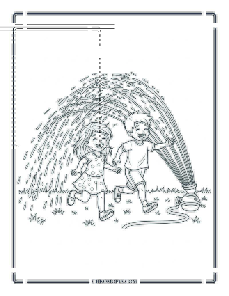 Kids Running Through Sprinkler Coloring Page
