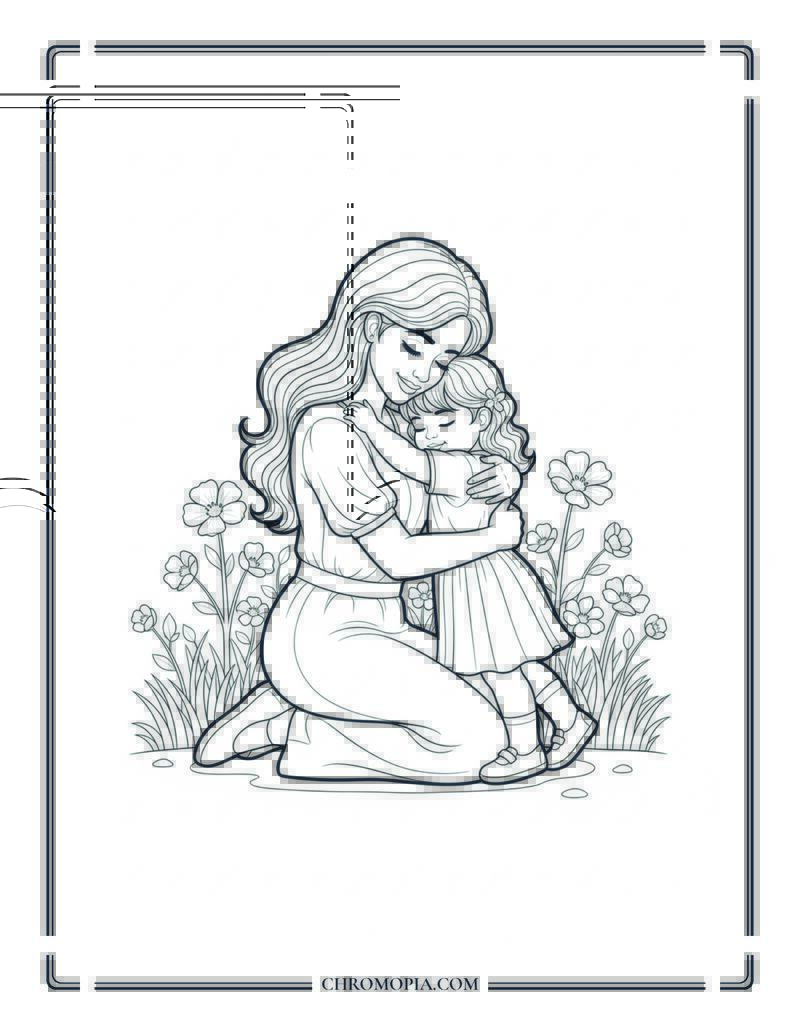 Mother And Child Hug In Spring Garden Coloring Page