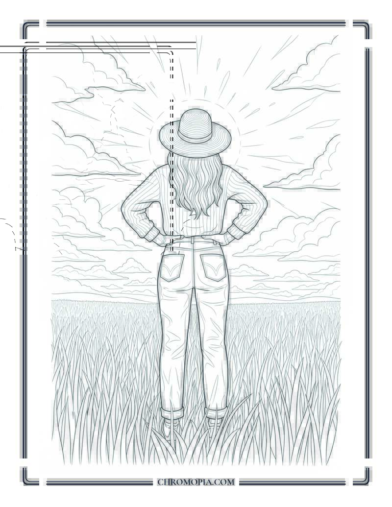 Woman Standing In Tall Grass Facing Sun Coloring Page