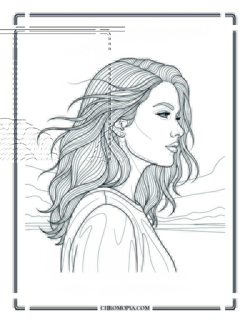 Woman With Hair Flowing In Spring Breeze Coloring Page