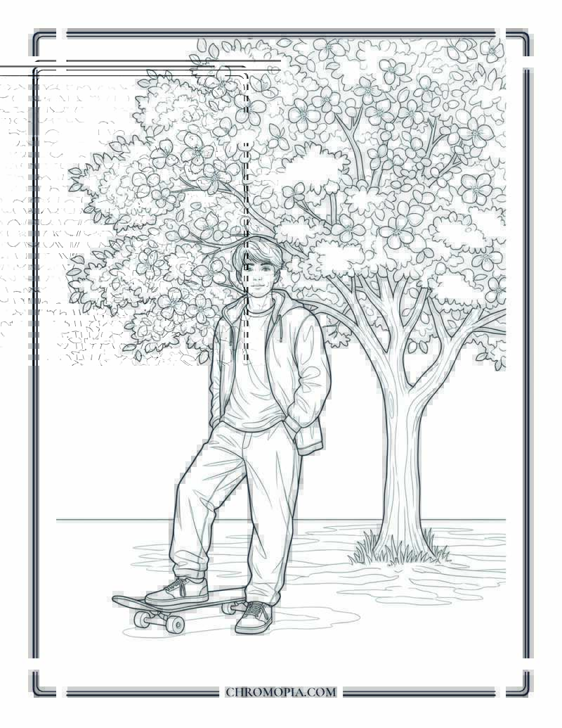 Boy Leaning On Skateboard In Park Coloring Page