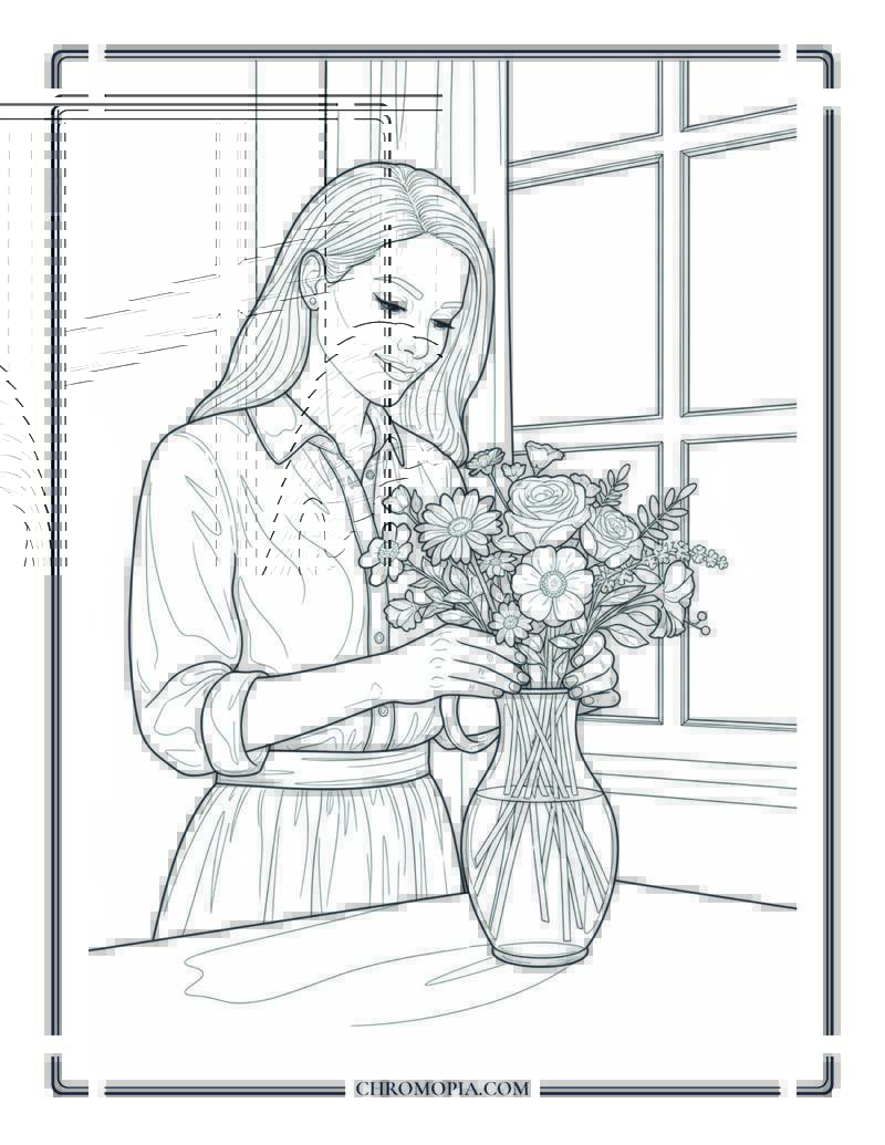 Woman Arranging Flowers In Glass Vase Coloring Page