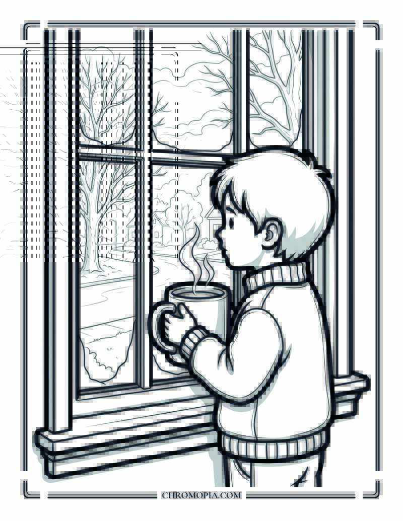 Child Holding Warm Mug Window Coloring Page