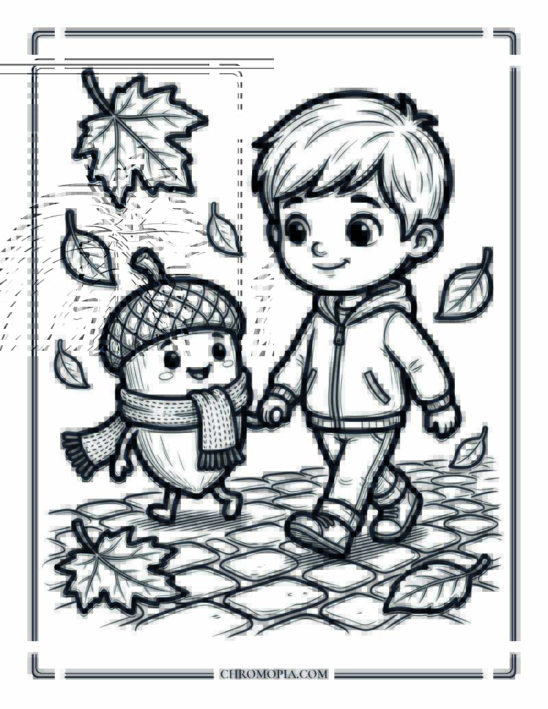 Child Walking With Acorn Character Coloring Page