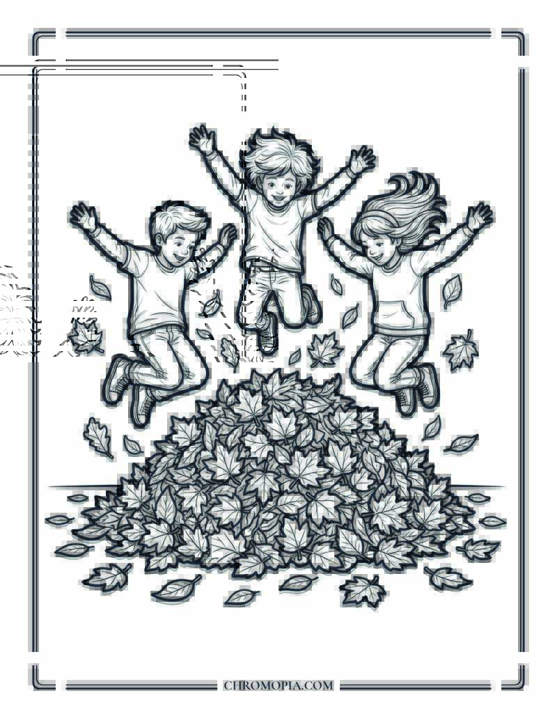 Kids Jumping Into Leaf Pile Coloring Page