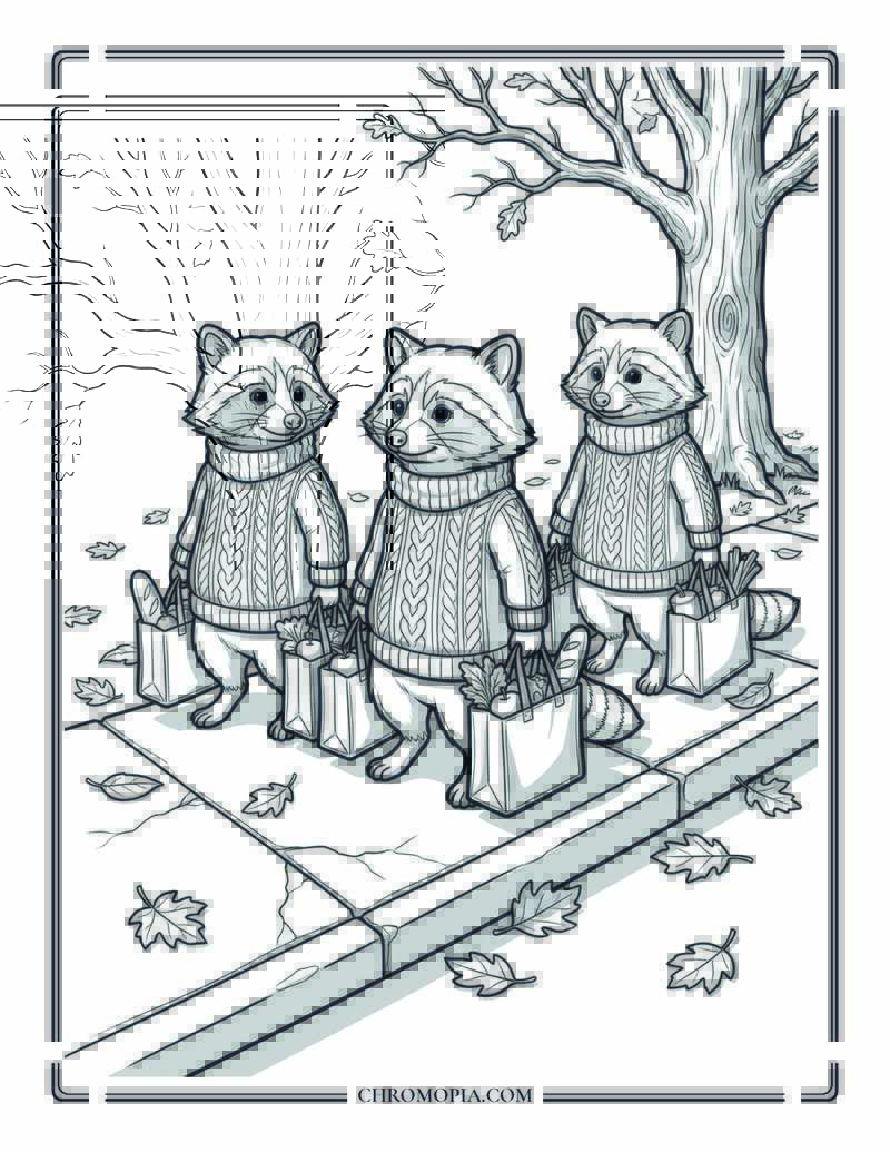Raccoons Wearing Sweaters Grocery Walk Coloring Page