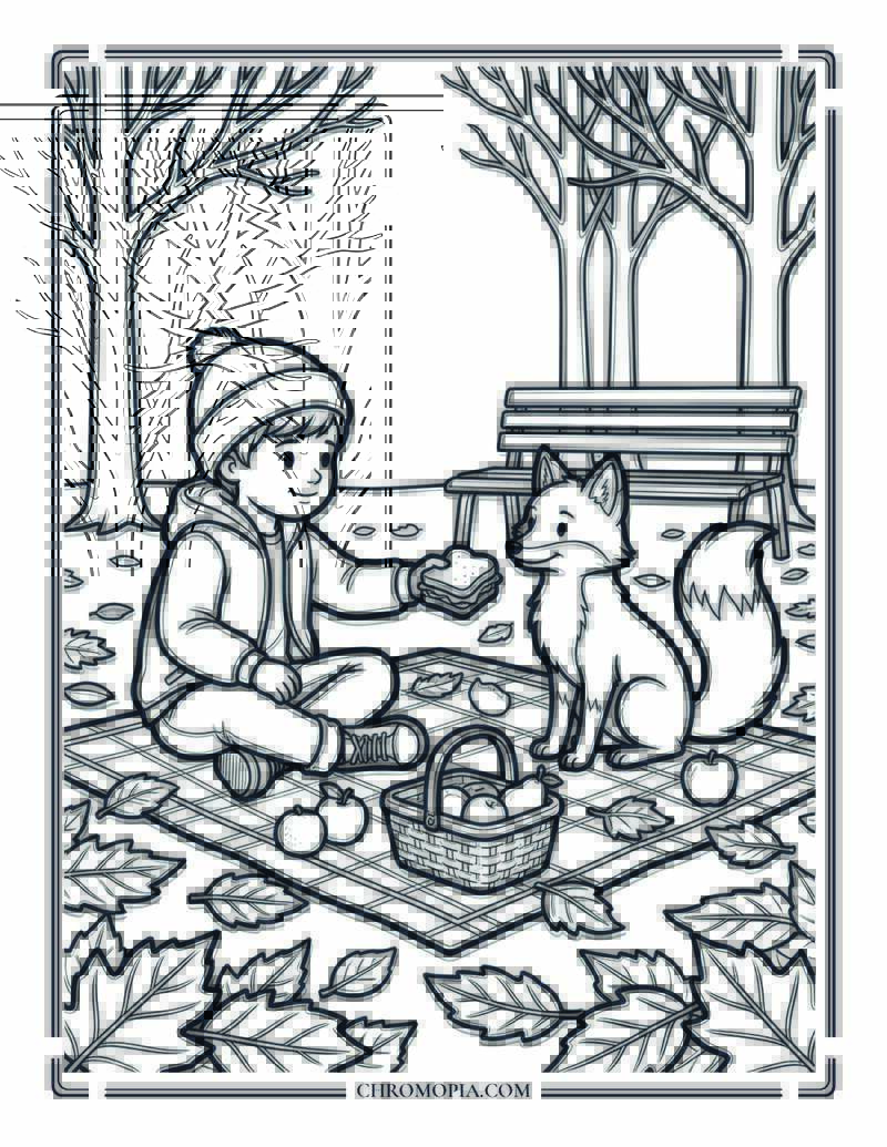 Child And Fox Sharing Autumn Picnic Coloring Page