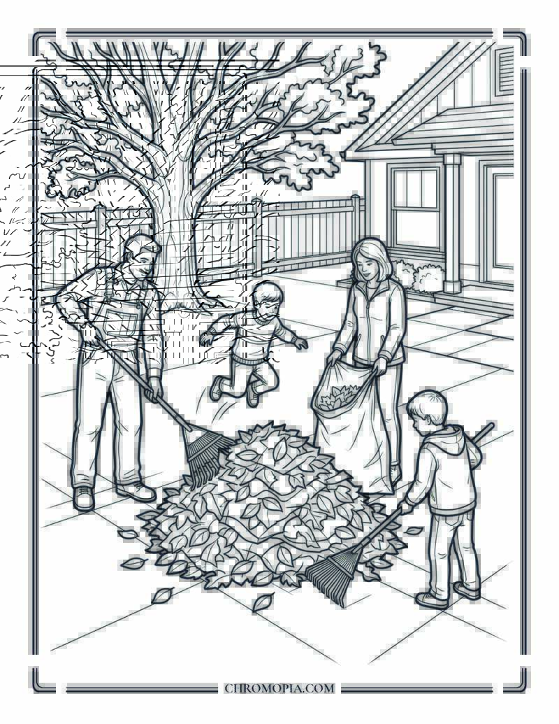 Family Raking Leaves Backyard Scene Coloring Page