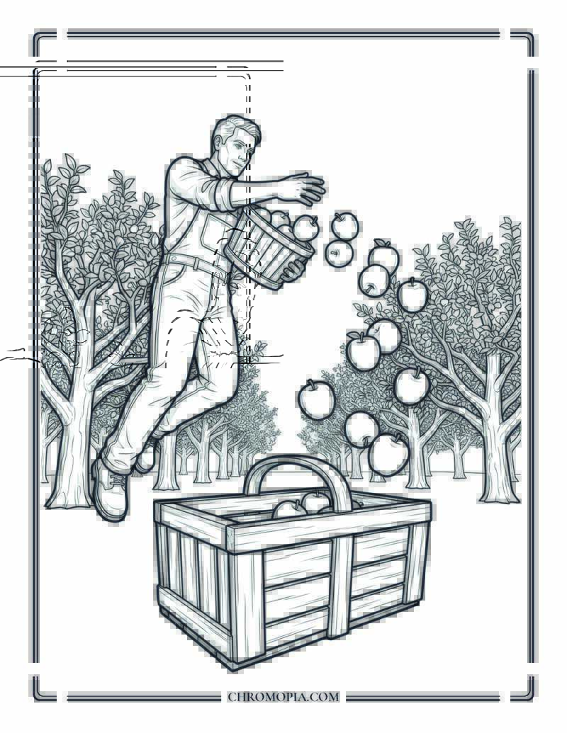 Farmer Tossing Apples Into Basket Coloring Page