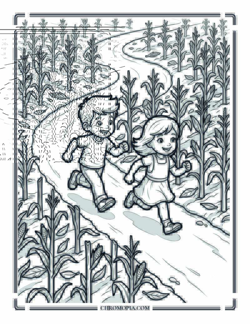 Kids Racing Through Cornfield Path Coloring Page
