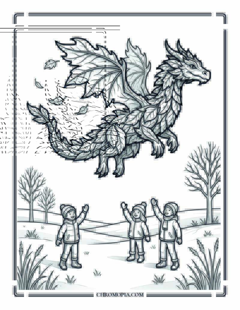 Leaf Dragon Flying Over Field Coloring Page
