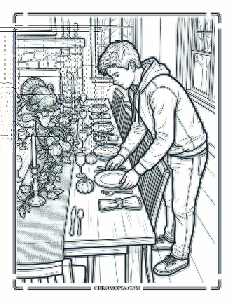 Teen Setting Thanksgiving Table Coloring Page
