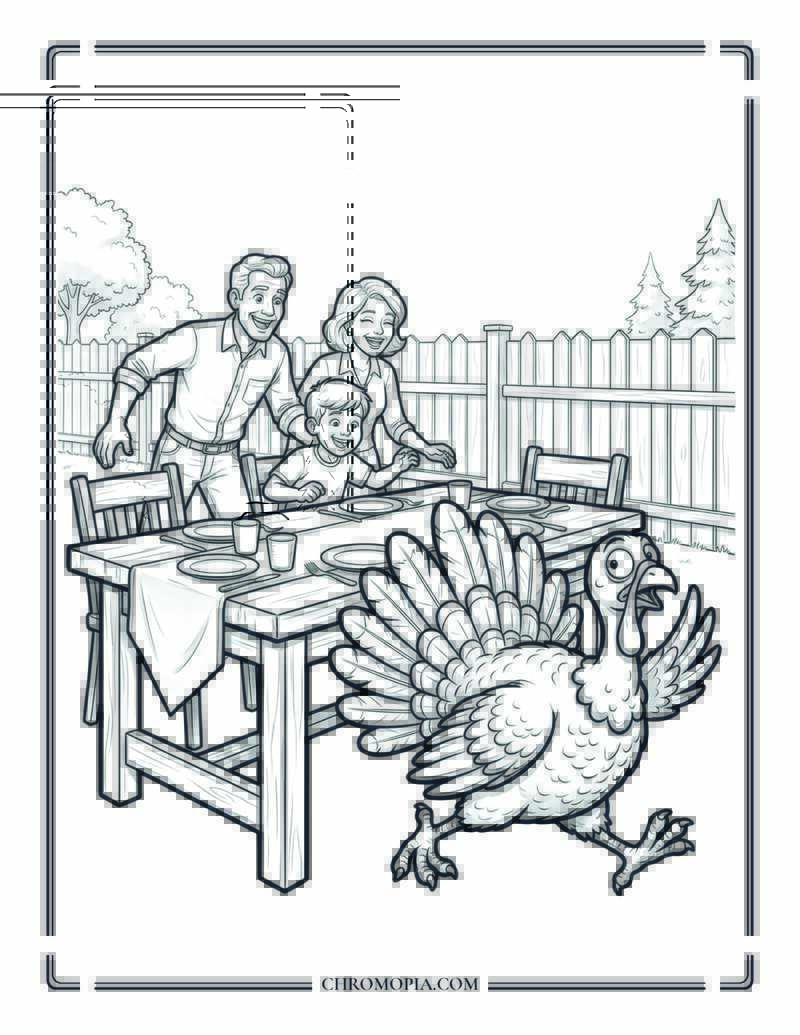 Turkey Escaping Backyard Feast Coloring Page