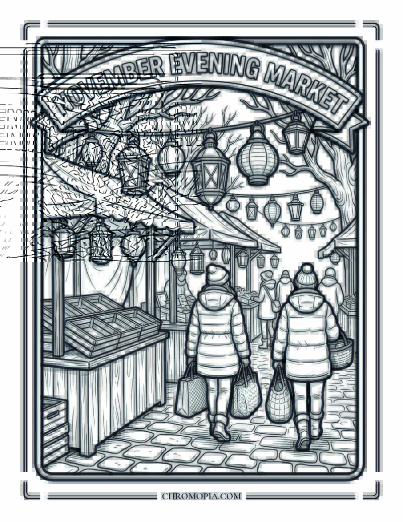 Late Autumn Market Evening Scene Coloring Page