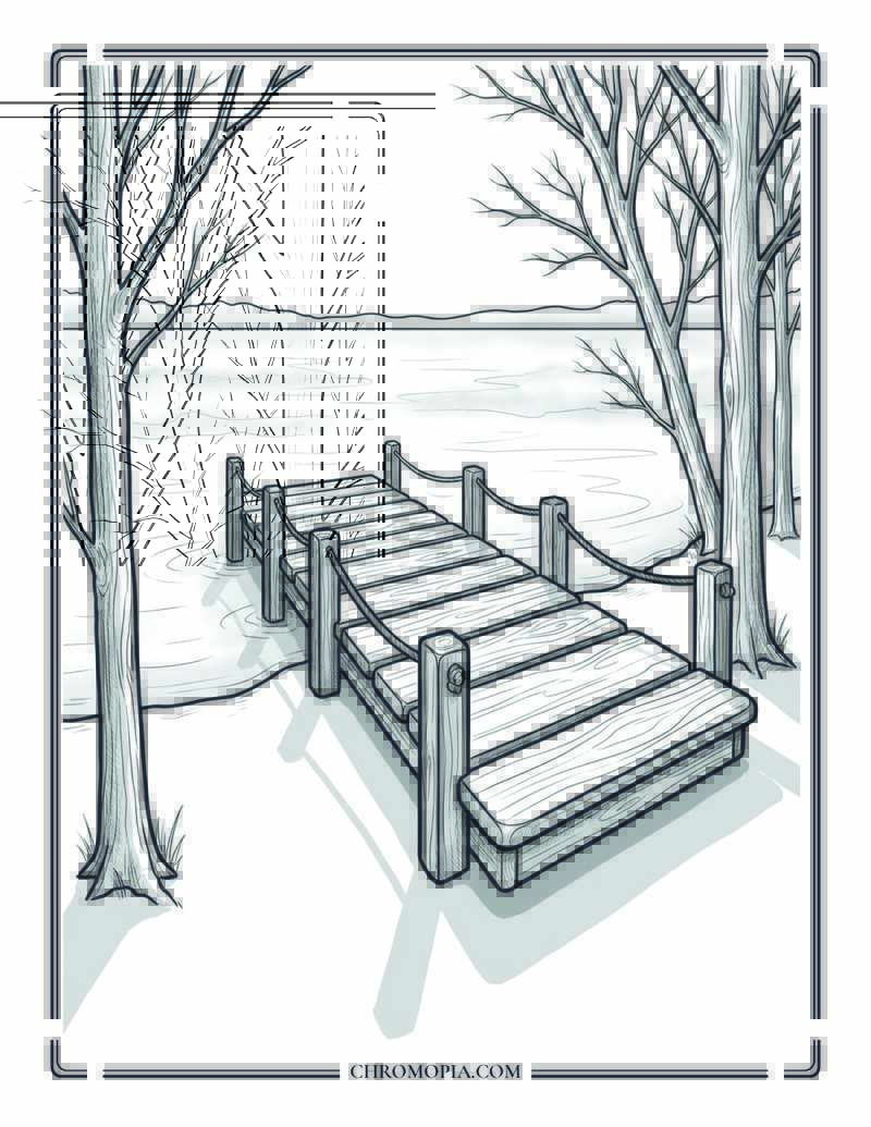 November Foggy Lake Dock Scene Coloring Page
