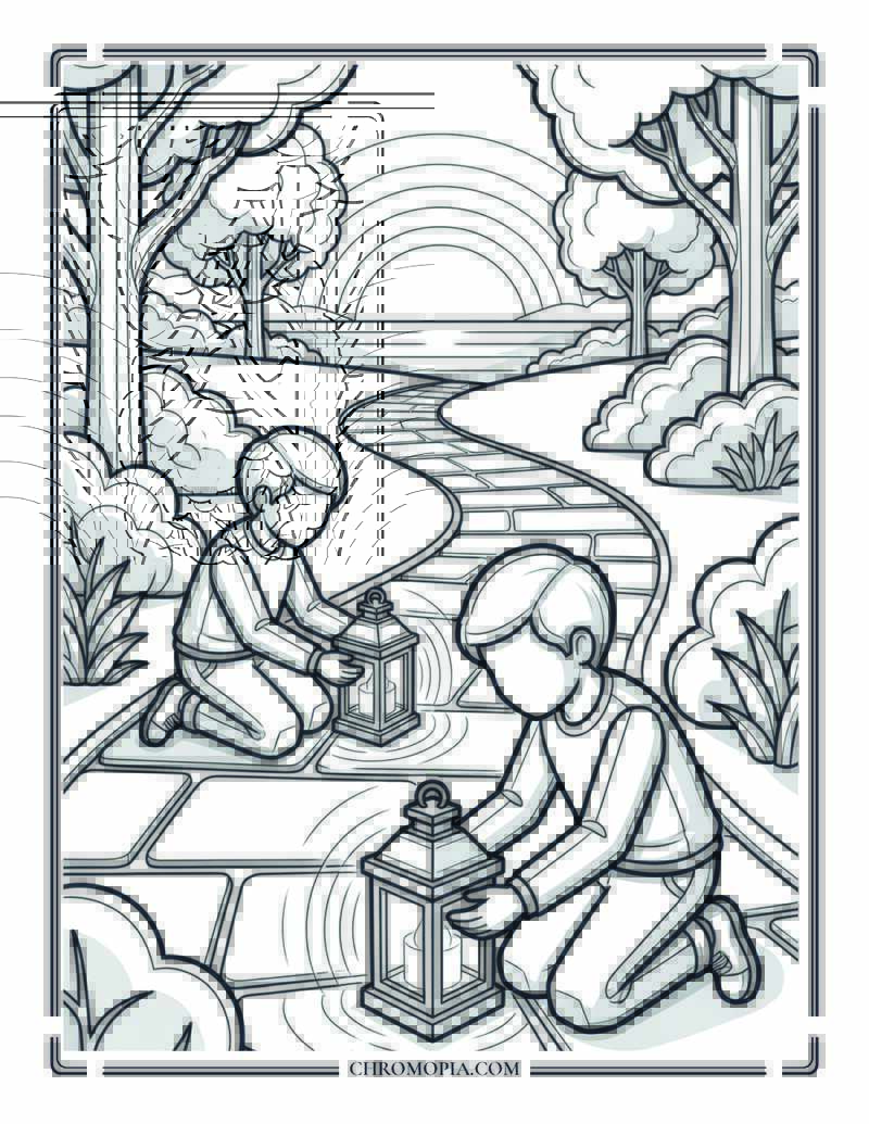 Children Lighting Lanterns At Dusk Coloring Page
