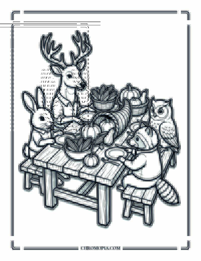 Forest Animals Sharing Harvest Table Coloring Page