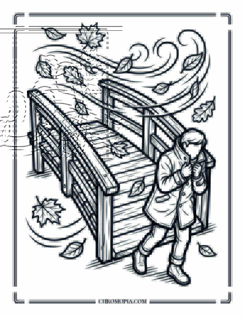 Wind Sweeping Leaves Across Bridge Coloring Page