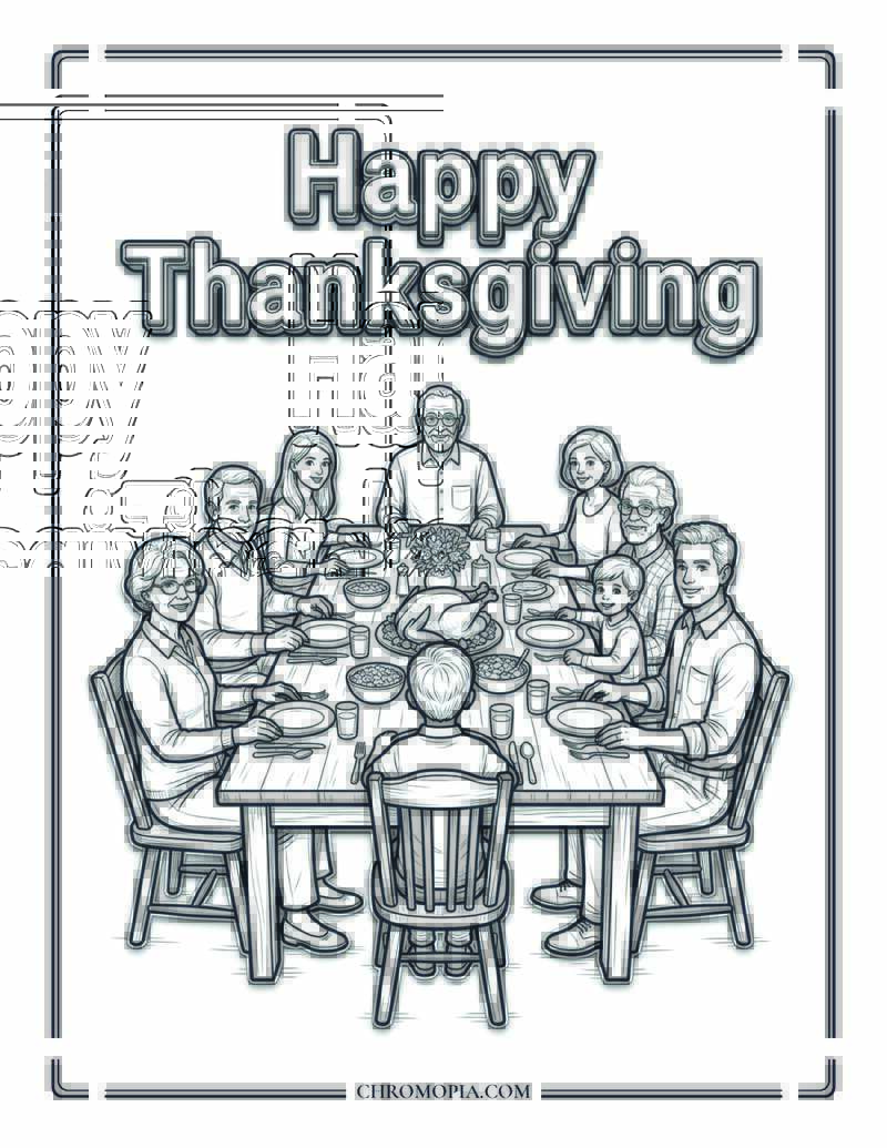 Happy Thanksgiving Family Dinner Coloring Page