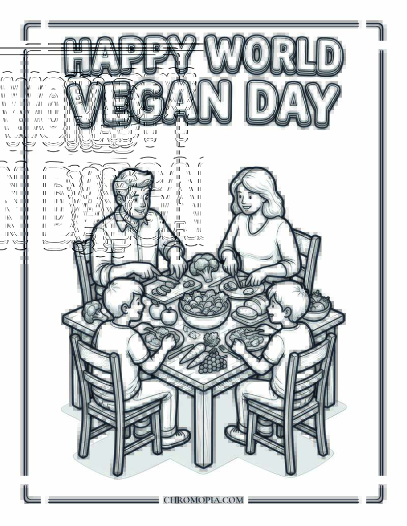 Happy World Vegan Day Family Feast Coloring Page